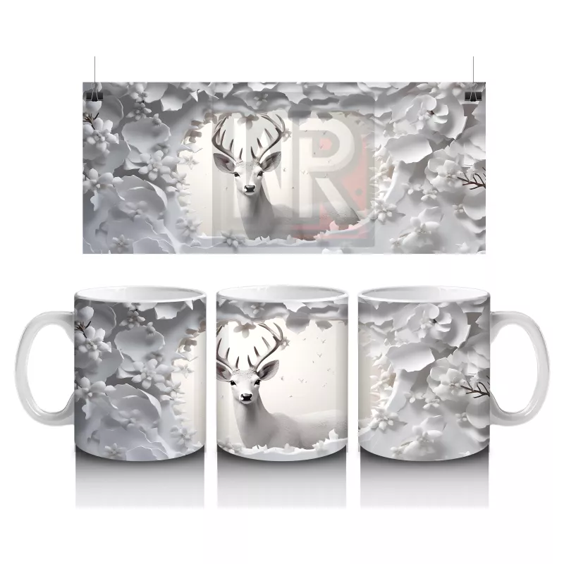 Çiçeklerle Süslenmiş Gümüş Geyik – Baskılı Kahve Kupası