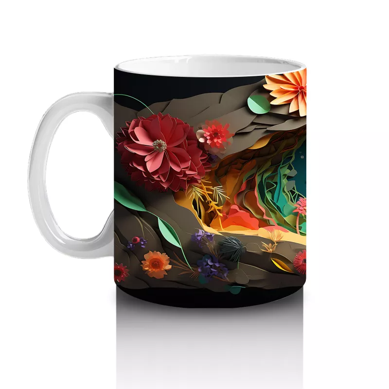 Çiçeklerle Süslenmiş Kalp ve Mavi Kelebek – Baskılı Kahve Kupası - 2