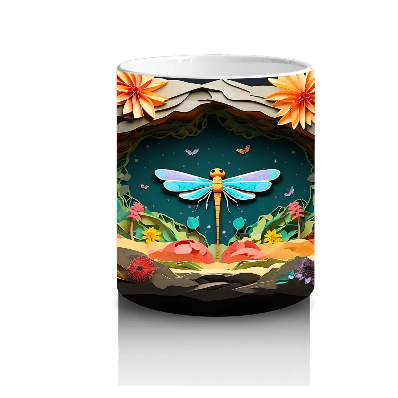 Çiçeklerle Süslenmiş Kalp ve Mavi Kelebek – Baskılı Kahve Kupası - 3