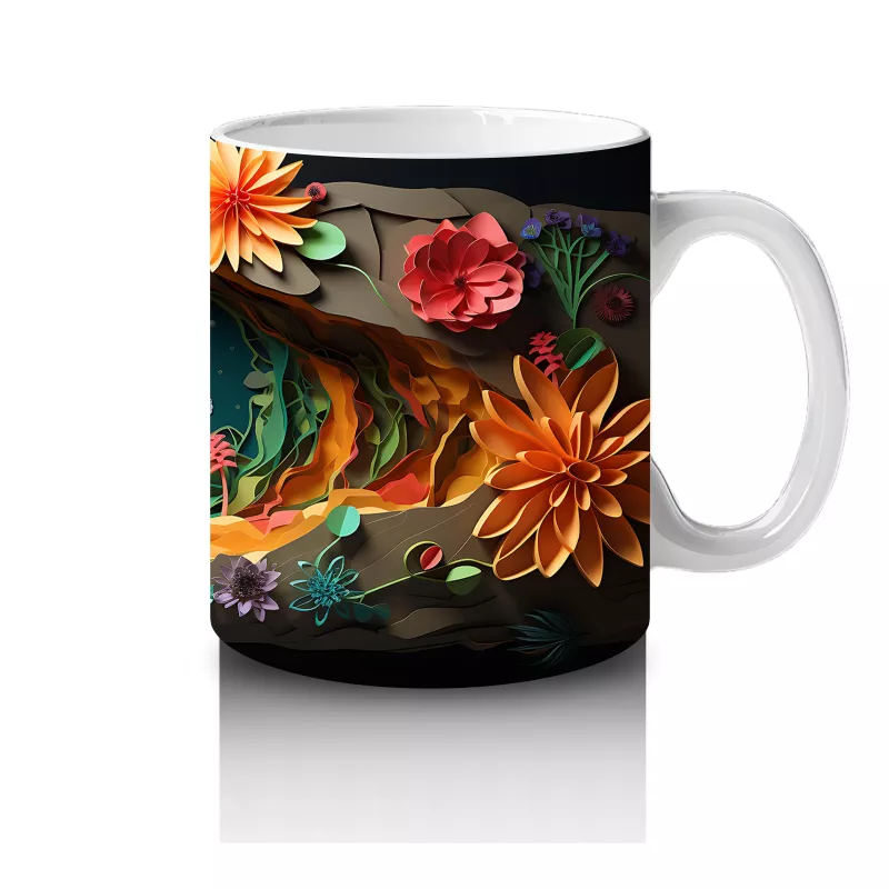 Çiçeklerle Süslenmiş Kalp ve Mavi Kelebek – Baskılı Kahve Kupası - 4