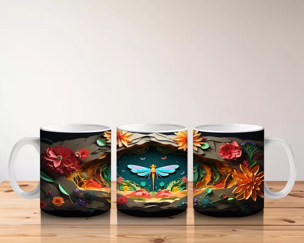 Çiçeklerle Süslenmiş Kalp ve Mavi Kelebek – Baskılı Kahve Kupası - 5