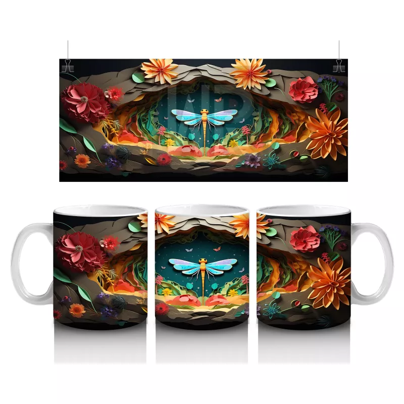 Çiçeklerle Süslenmiş Kalp ve Mavi Kelebek – Baskılı Kahve Kupası