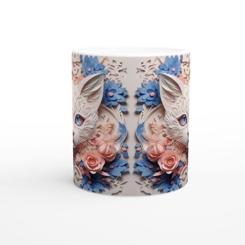 Çiçeklerle Süslenmiş Kedi İllüstrasyonu Temalı Baskılı Kupa Bardak - 3