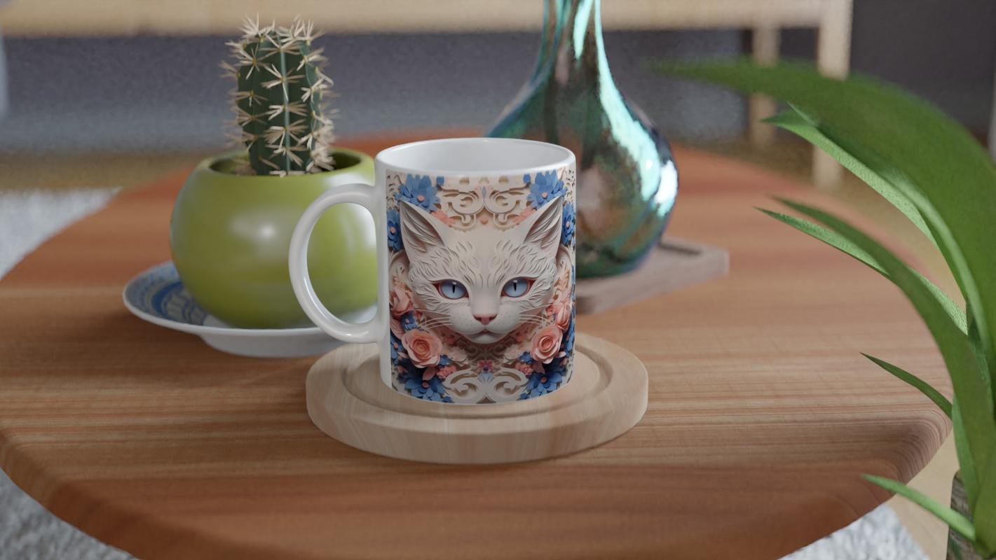 Çiçeklerle Süslenmiş Kedi İllüstrasyonu Temalı Baskılı Kupa Bardak - 4