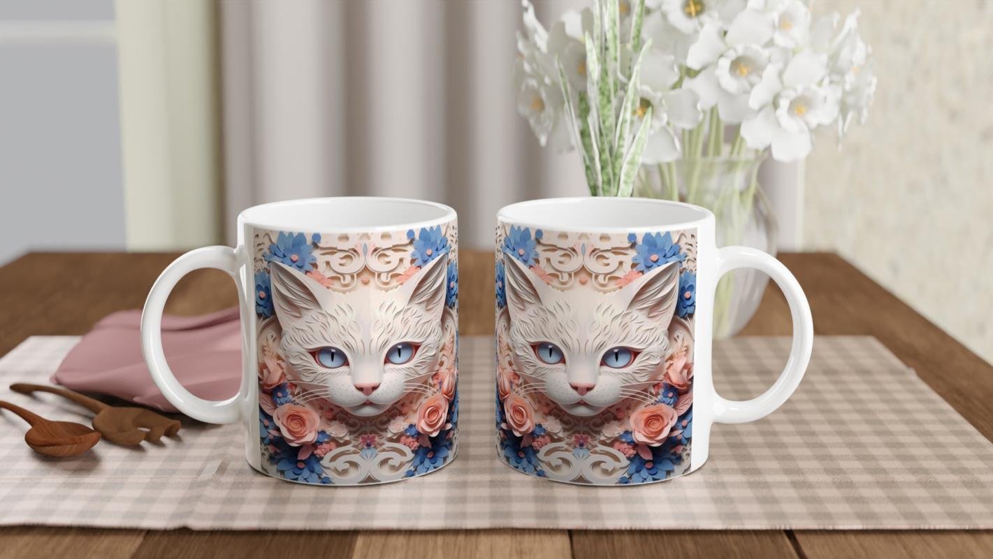 Çiçeklerle Süslenmiş Kedi İllüstrasyonu Temalı Baskılı Kupa Bardak - 5