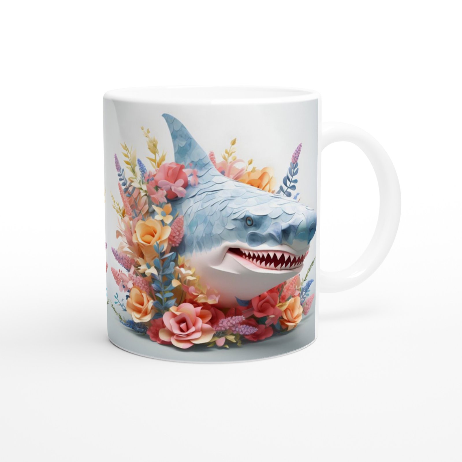 Çiçeklerle Süslenmiş Komik Köpek Balığı Temalı Renkli Kupa Bardak - 3