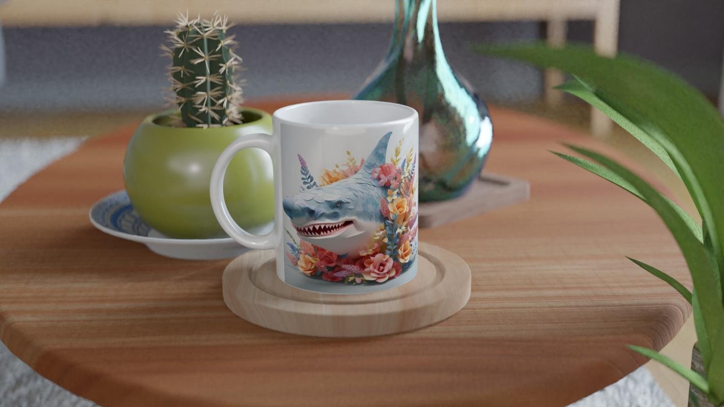 Çiçeklerle Süslenmiş Komik Köpek Balığı Temalı Renkli Kupa Bardak - 4