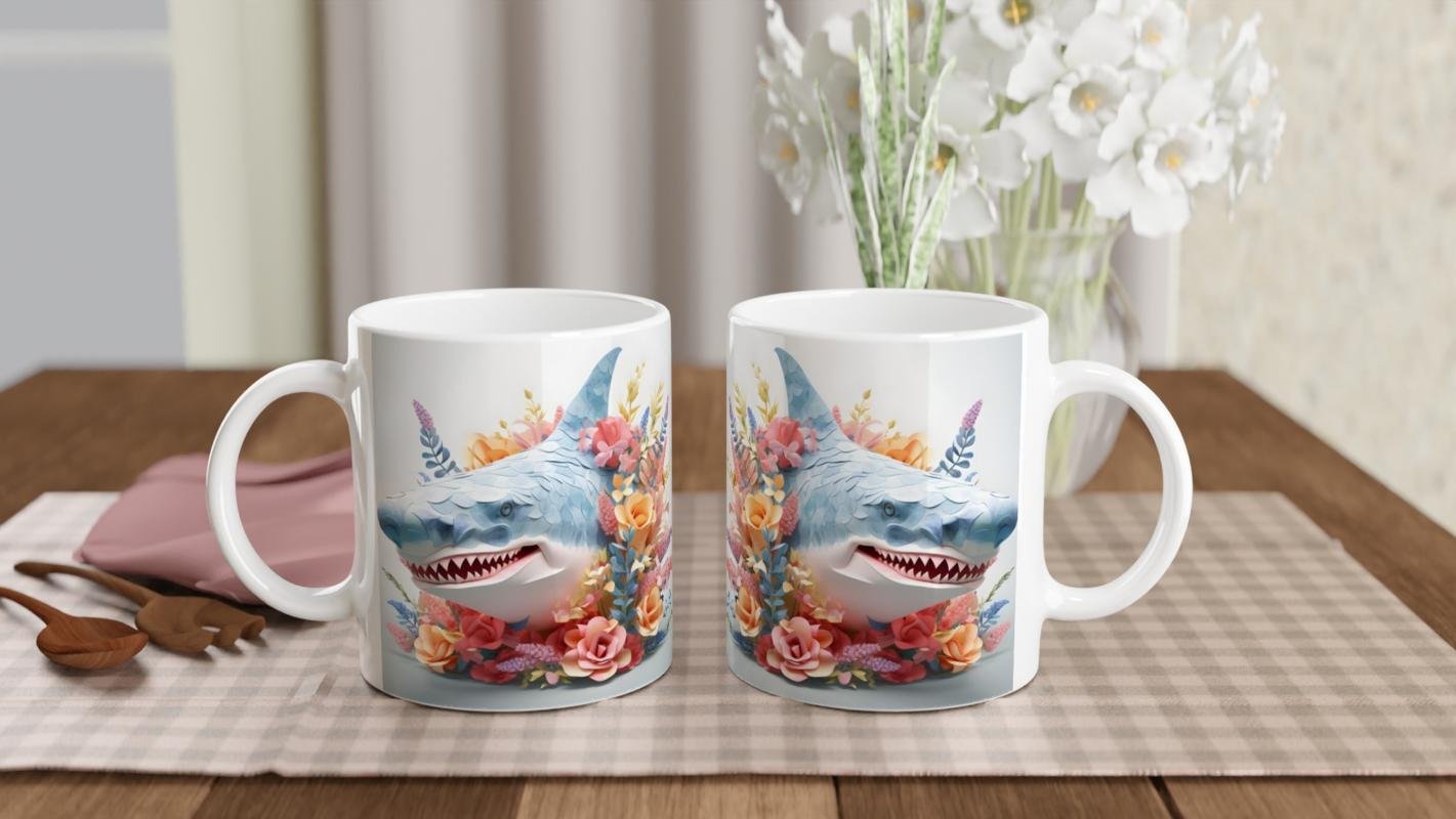 Çiçeklerle Süslenmiş Komik Köpek Balığı Temalı Renkli Kupa Bardak - 5