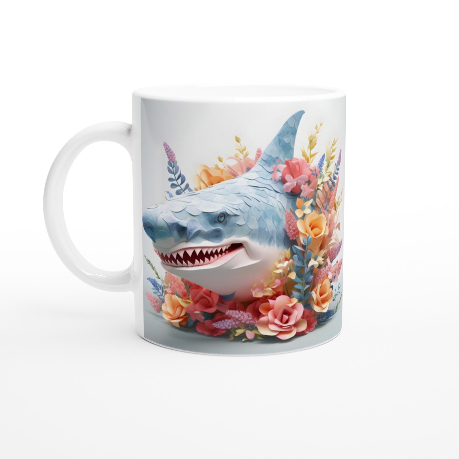 Çiçeklerle Süslenmiş Komik Köpek Balığı Temalı Renkli Kupa Bardak