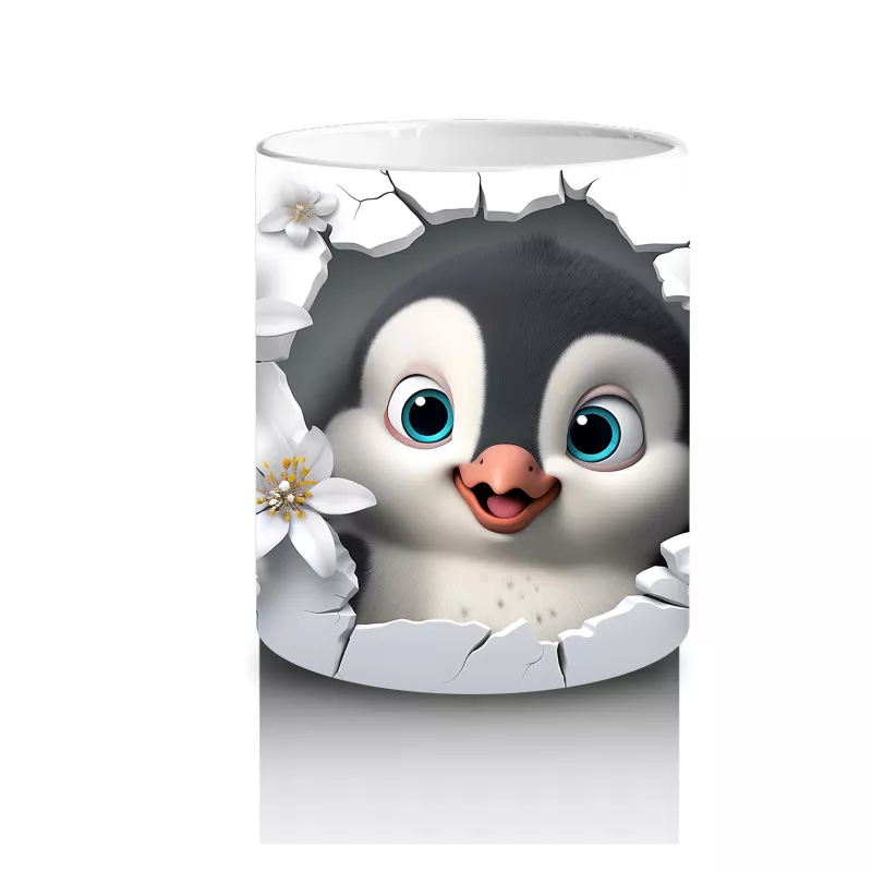 Çiçeklerle Süslenmiş Penguen Maskotu – Baskılı Kahve Kupası - 3