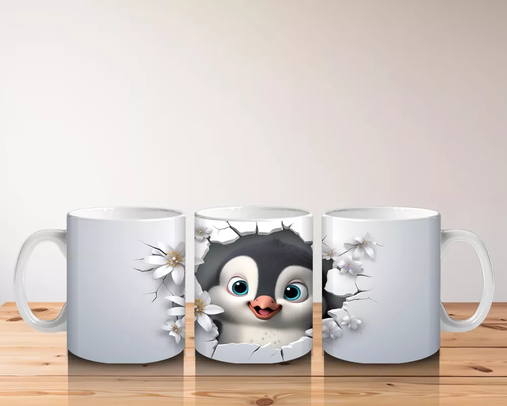 Çiçeklerle Süslenmiş Penguen Maskotu – Baskılı Kahve Kupası - 5