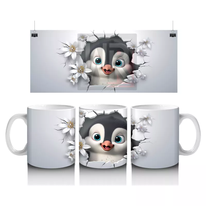 Çiçeklerle Süslenmiş Penguen Maskotu – Baskılı Kahve Kupası