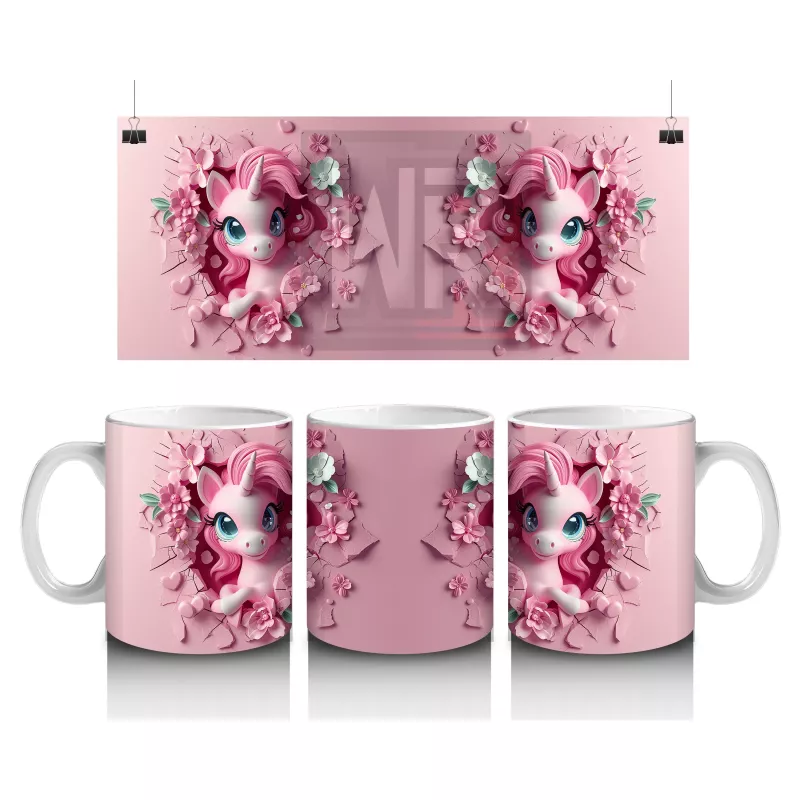 Çiçeklerle Süslenmiş Sevimli Pembe Midilli Figürü - Baskılı kahve kupası