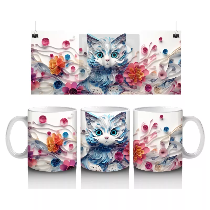 Çiçeklerle Süslenmiş Tatlı Kedi – Baskılı Kahve Kupası