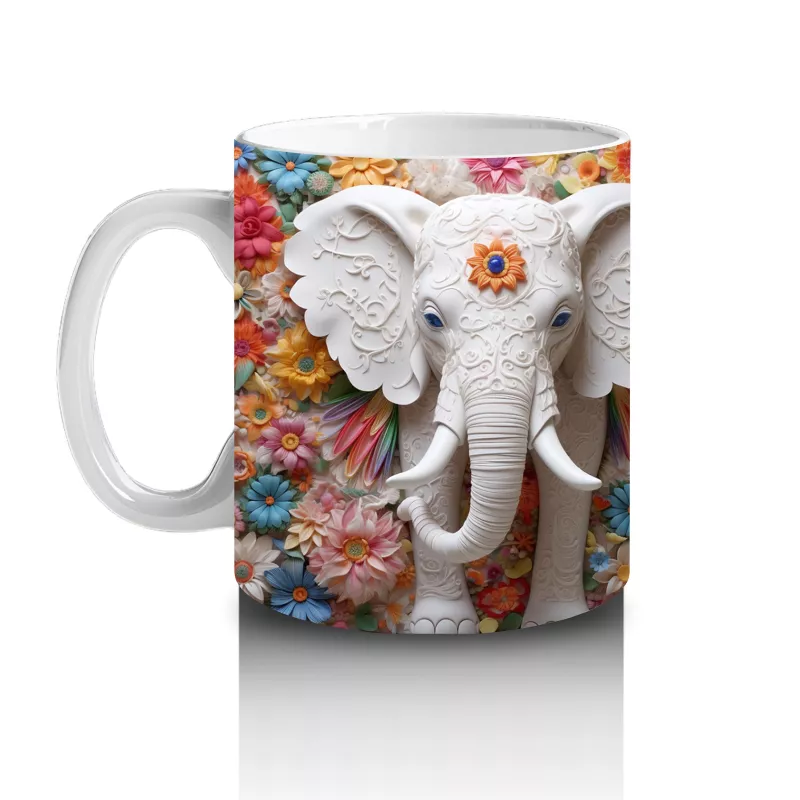 Çiçekli Arka Planda Fildişi Renkli Fil Figürü – Baskılı Kahve Kupası - 2