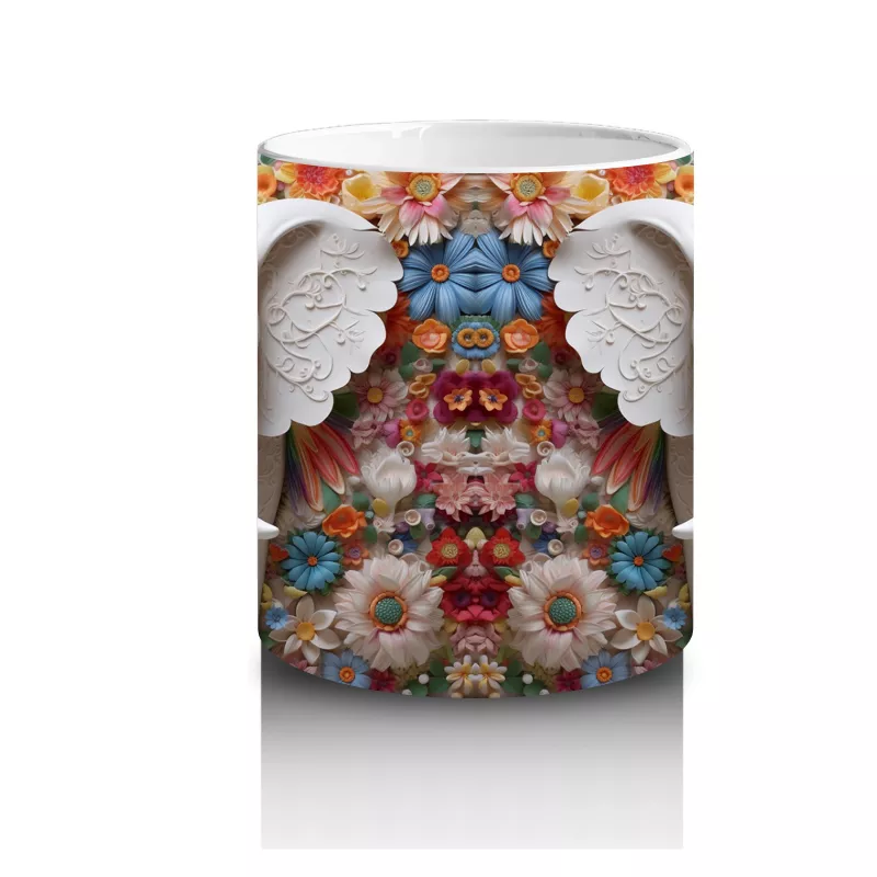 Çiçekli Arka Planda Fildişi Renkli Fil Figürü – Baskılı Kahve Kupası - 3