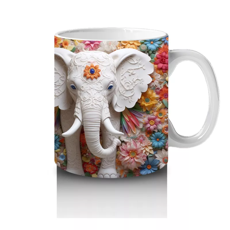 Çiçekli Arka Planda Fildişi Renkli Fil Figürü – Baskılı Kahve Kupası - 4