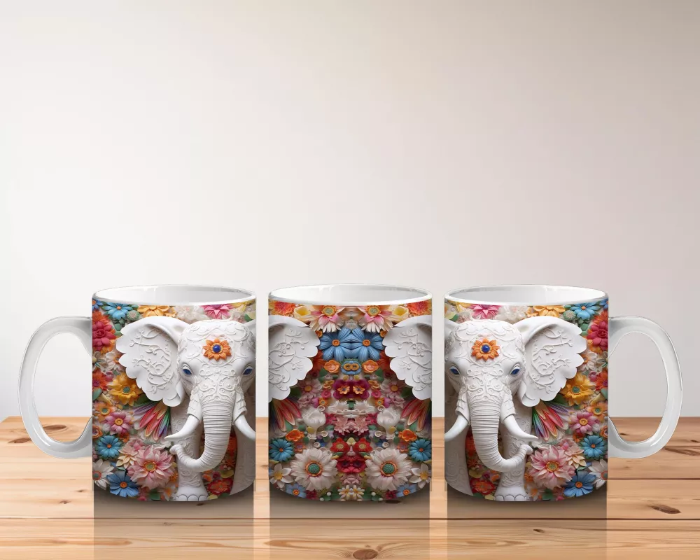 Çiçekli Arka Planda Fildişi Renkli Fil Figürü – Baskılı Kahve Kupası - 5