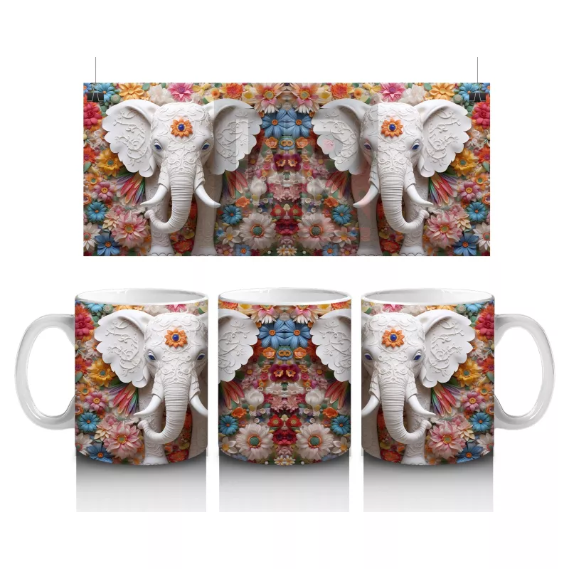 Çiçekli Arka Planda Fildişi Renkli Fil Figürü – Baskılı Kahve Kupası