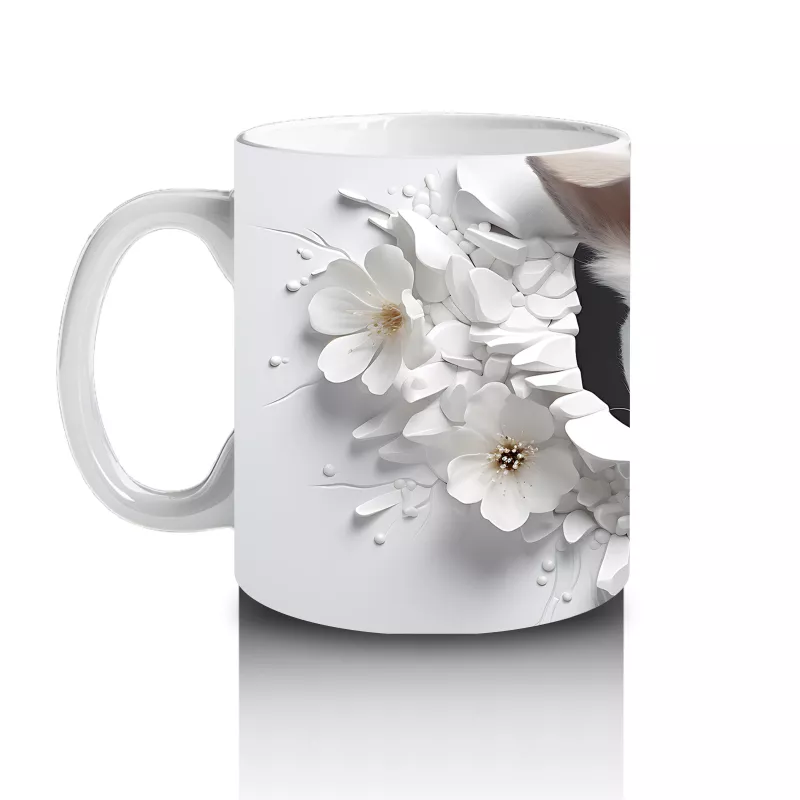 Çiçekli Arka Planda Tatlı Yavru Köpek – Baskılı Kahve Kupası - 2