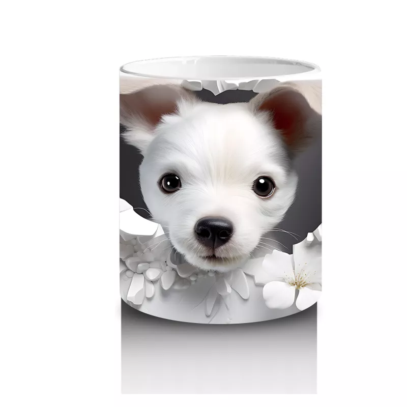 Çiçekli Arka Planda Tatlı Yavru Köpek – Baskılı Kahve Kupası - 3