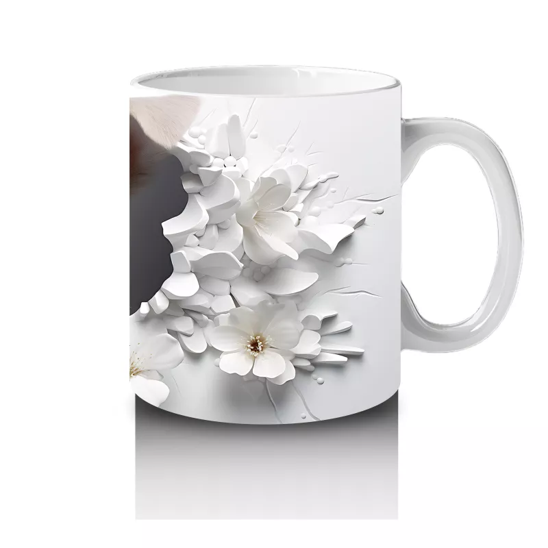 Çiçekli Arka Planda Tatlı Yavru Köpek – Baskılı Kahve Kupası - 4