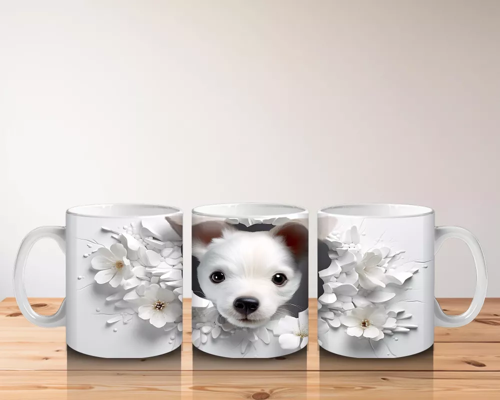 Çiçekli Arka Planda Tatlı Yavru Köpek – Baskılı Kahve Kupası - 5