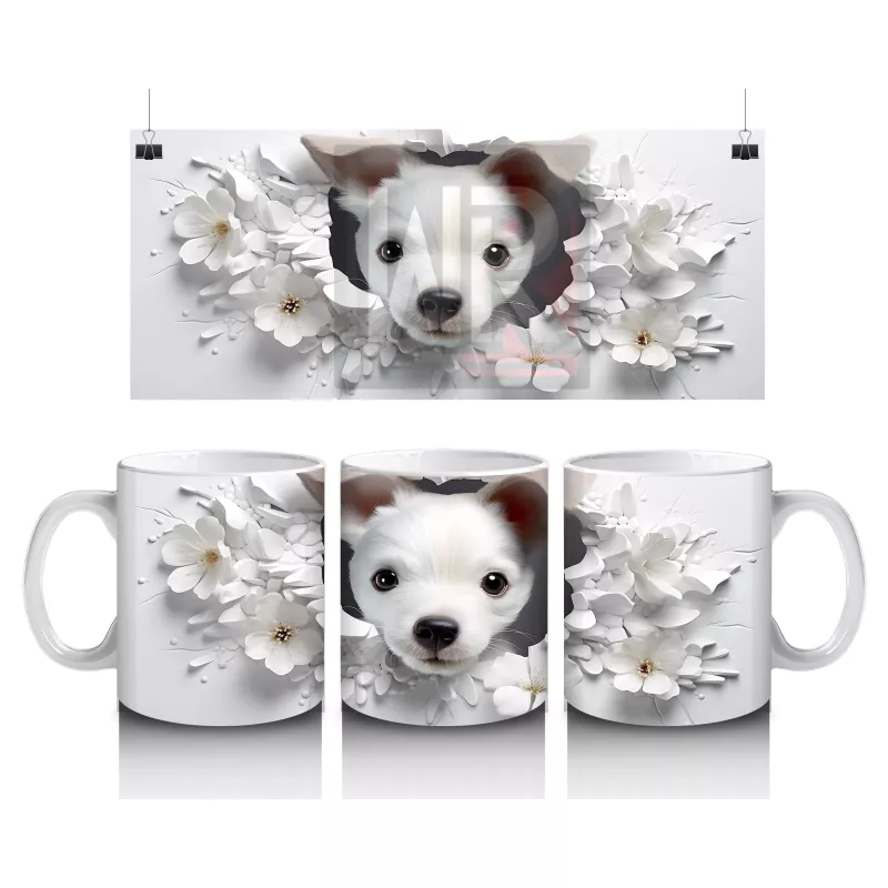 Çiçekli Arka Planda Tatlı Yavru Köpek – Baskılı Kahve Kupası