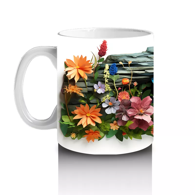 Çiçekli Bahçede Uçan Mavi Kelebek – Baskılı Kahve Kupası - 2