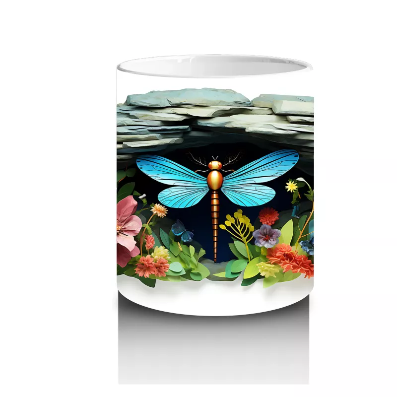 Çiçekli Bahçede Uçan Mavi Kelebek – Baskılı Kahve Kupası - 3
