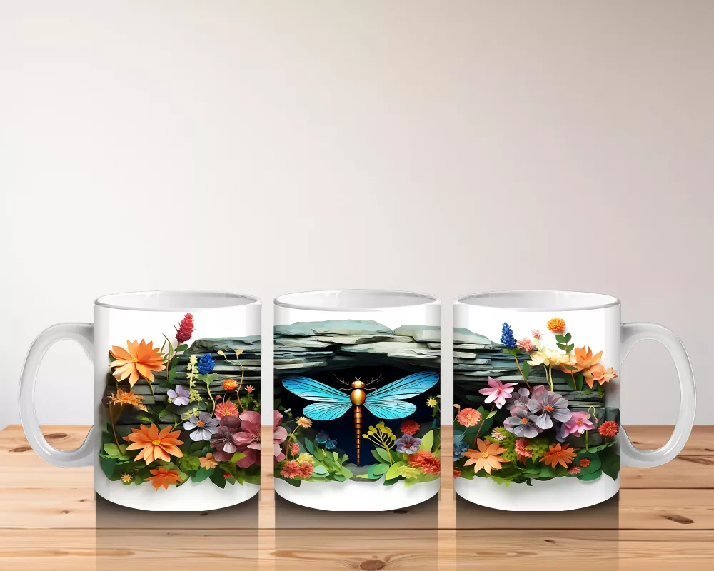 Çiçekli Bahçede Uçan Mavi Kelebek – Baskılı Kahve Kupası - 5