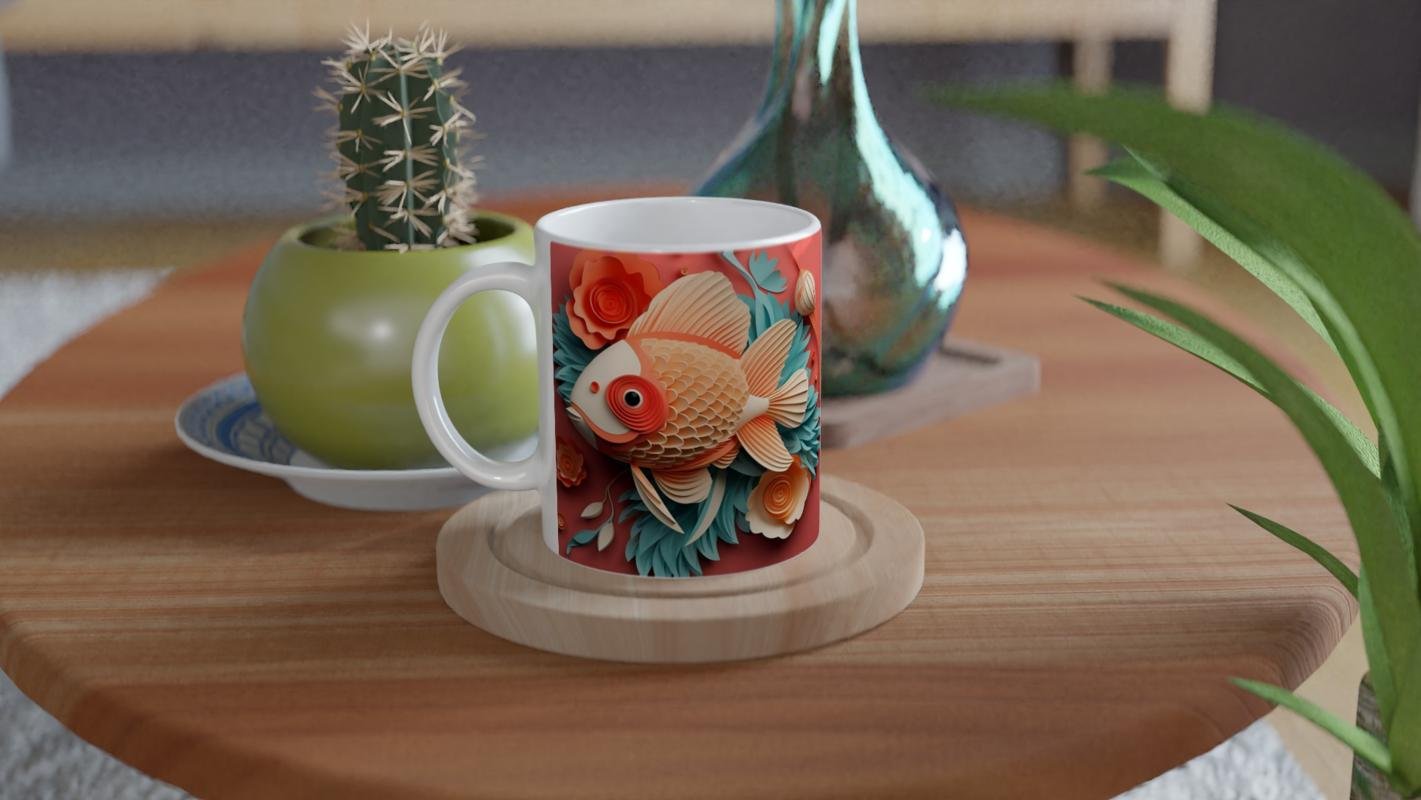 Çiçekli Balık Baskılı Kupa Bardak - 4