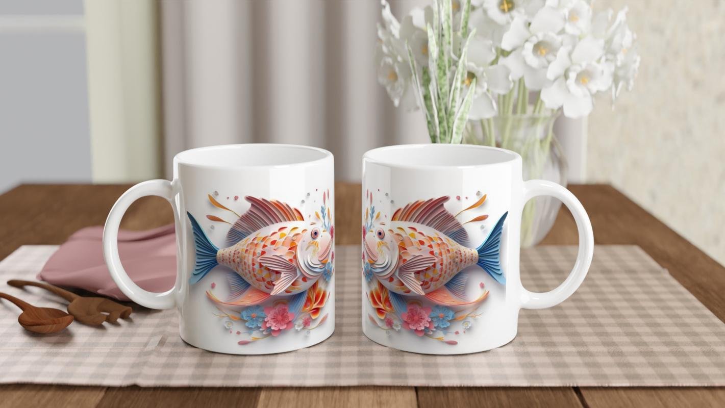 Çiçekli Balık Desenli Deniz Temalı Sanat Kupa Bardak - 5