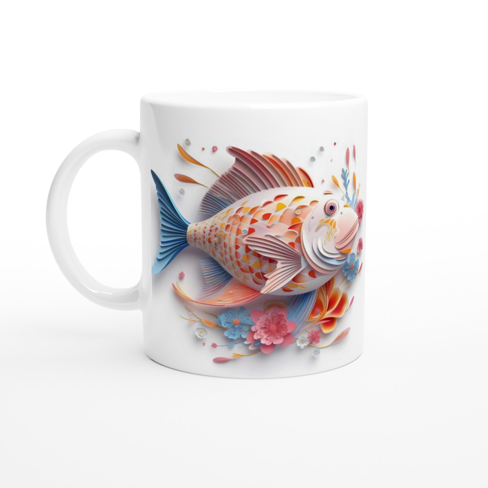 Çiçekli Balık Desenli Deniz Temalı Sanat Kupa Bardak