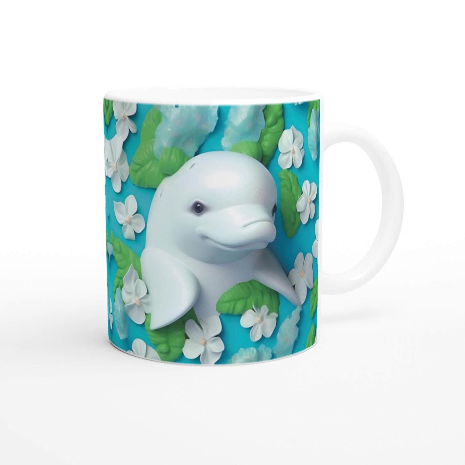 Çiçekli Beyaz Yunus Baskılı Kupa Bardak - 3