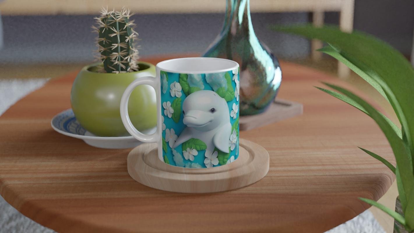 Çiçekli Beyaz Yunus Baskılı Kupa Bardak - 4