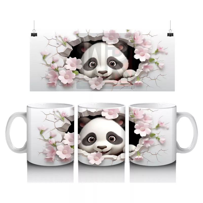 Çiçekli Çatlakta Oturan Neşeli Panda – Baskılı Kahve Kupası