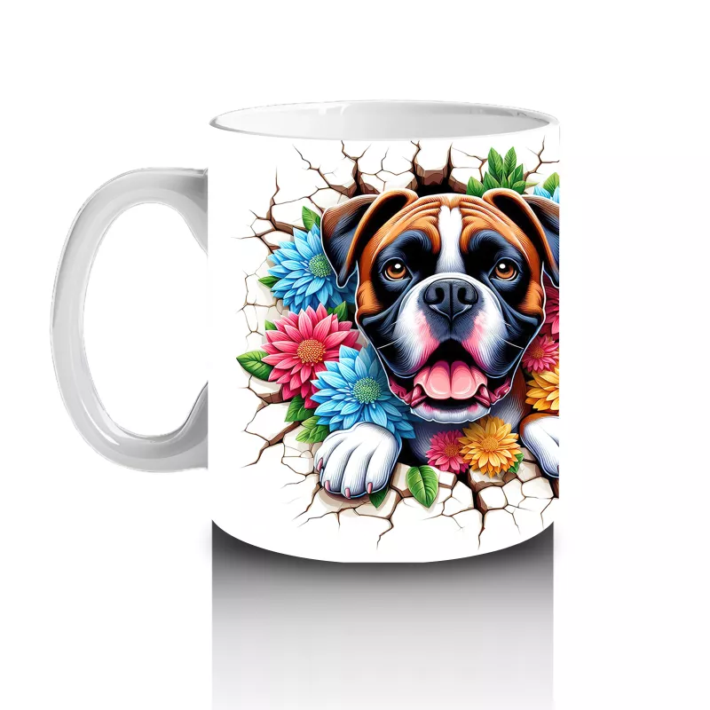 Çiçekli Çerçevede Sevimli Köpek Maskotu – Baskılı Kahve Kupası - 2