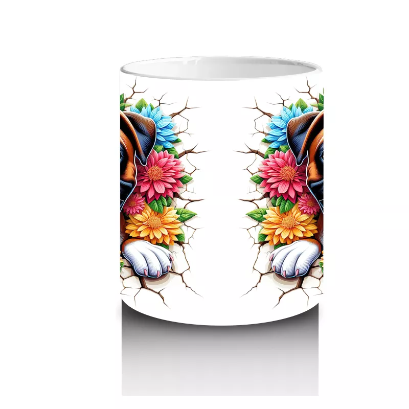 Çiçekli Çerçevede Sevimli Köpek Maskotu – Baskılı Kahve Kupası - 3