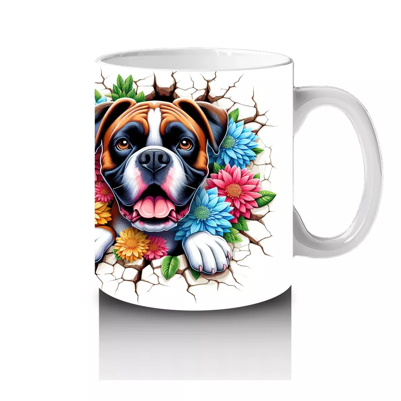 Çiçekli Çerçevede Sevimli Köpek Maskotu – Baskılı Kahve Kupası - 4