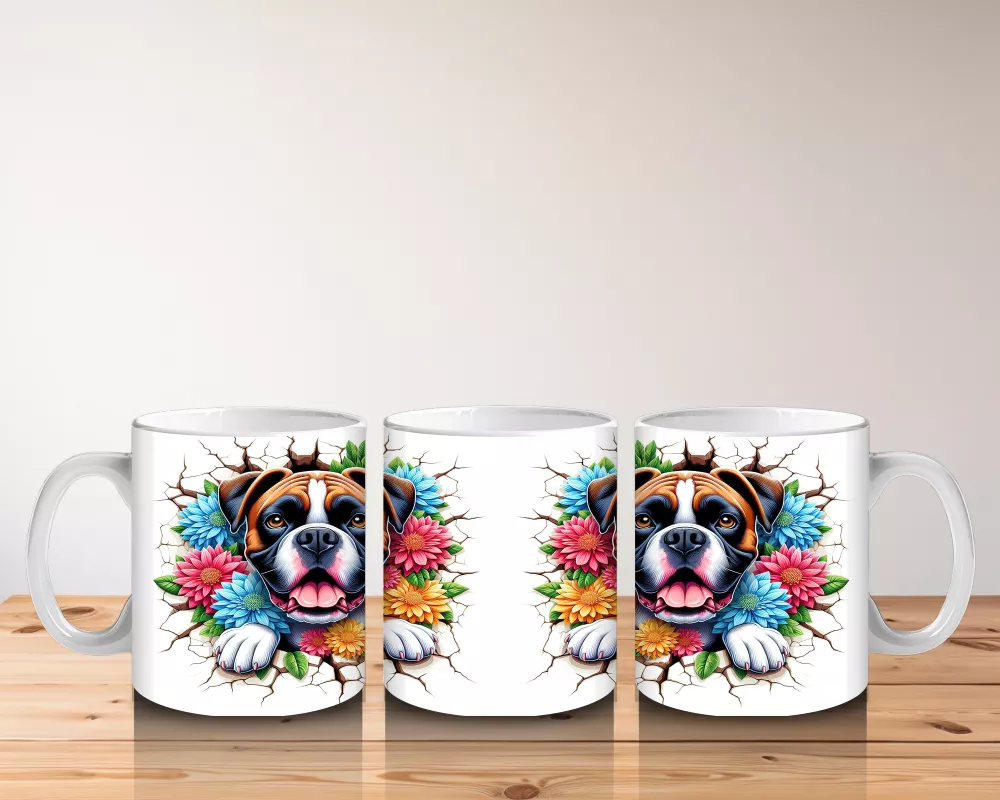 Çiçekli Çerçevede Sevimli Köpek Maskotu – Baskılı Kahve Kupası - 5