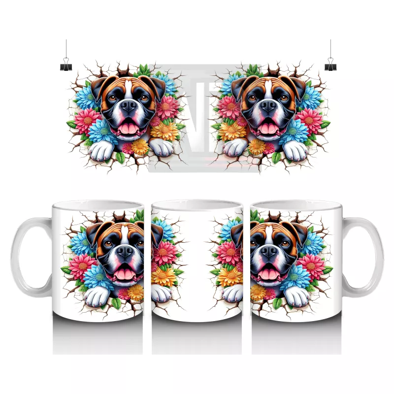 Çiçekli Çerçevede Sevimli Köpek Maskotu – Baskılı Kahve Kupası