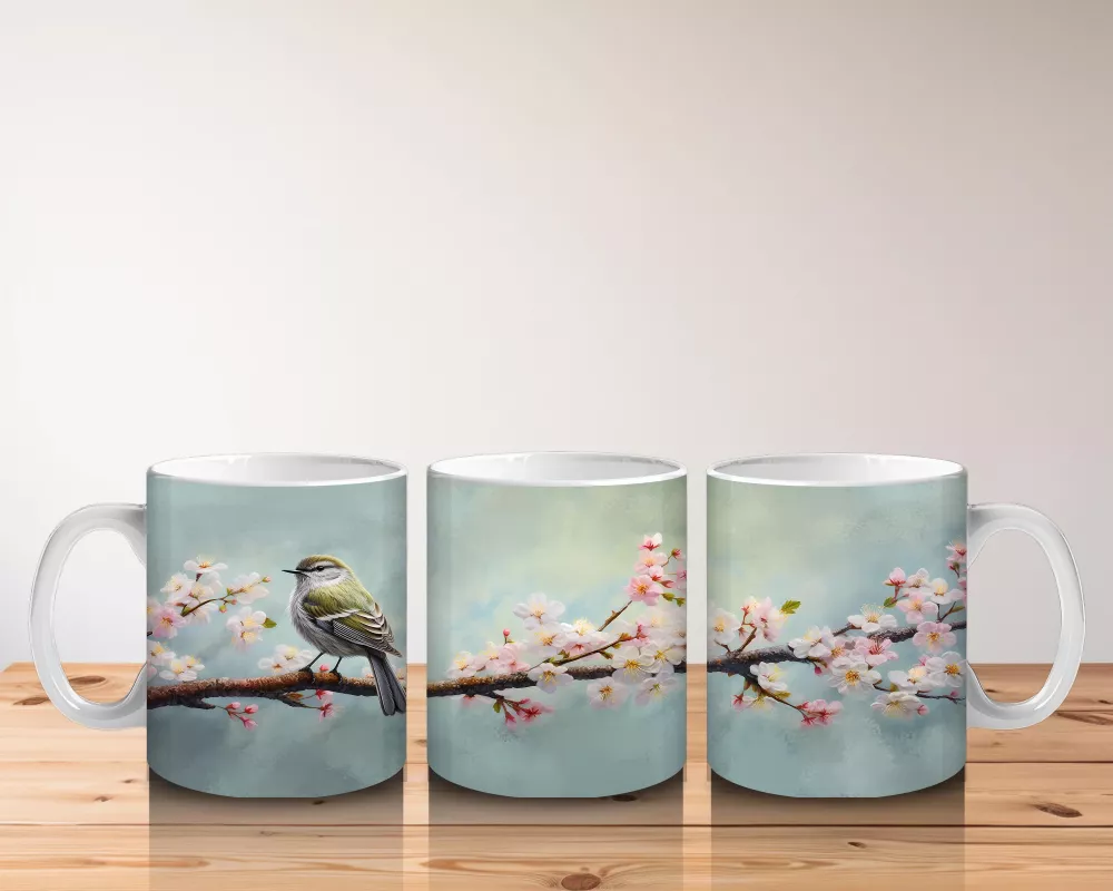 Çiçekli Dal Üzerinde Oturan Serçe – Baskılı Kahve Kupası - 5