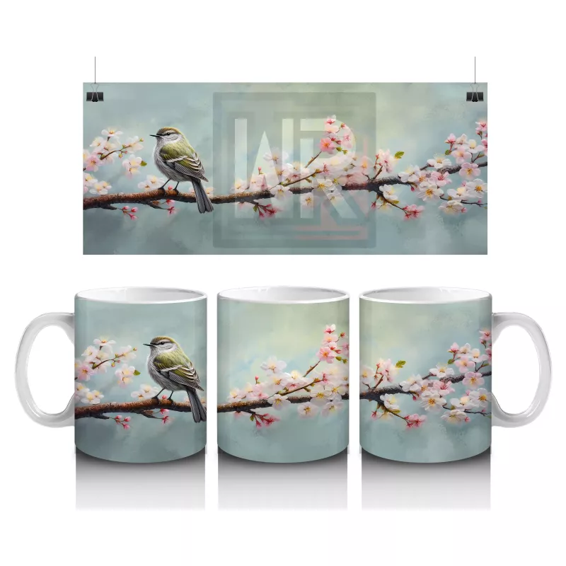 Çiçekli Dal Üzerinde Oturan Serçe – Baskılı Kahve Kupası