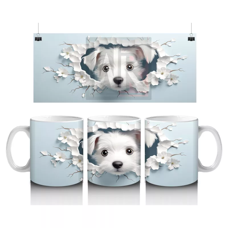 Çiçekli Duvarı Delen Sevimli Beyaz Yavru Köpek – Baskılı Kahve Kupası