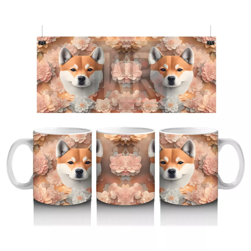 Çiçekli Fon Üzerinde İkili Shiba Inu Portresi – Baskılı Kupa