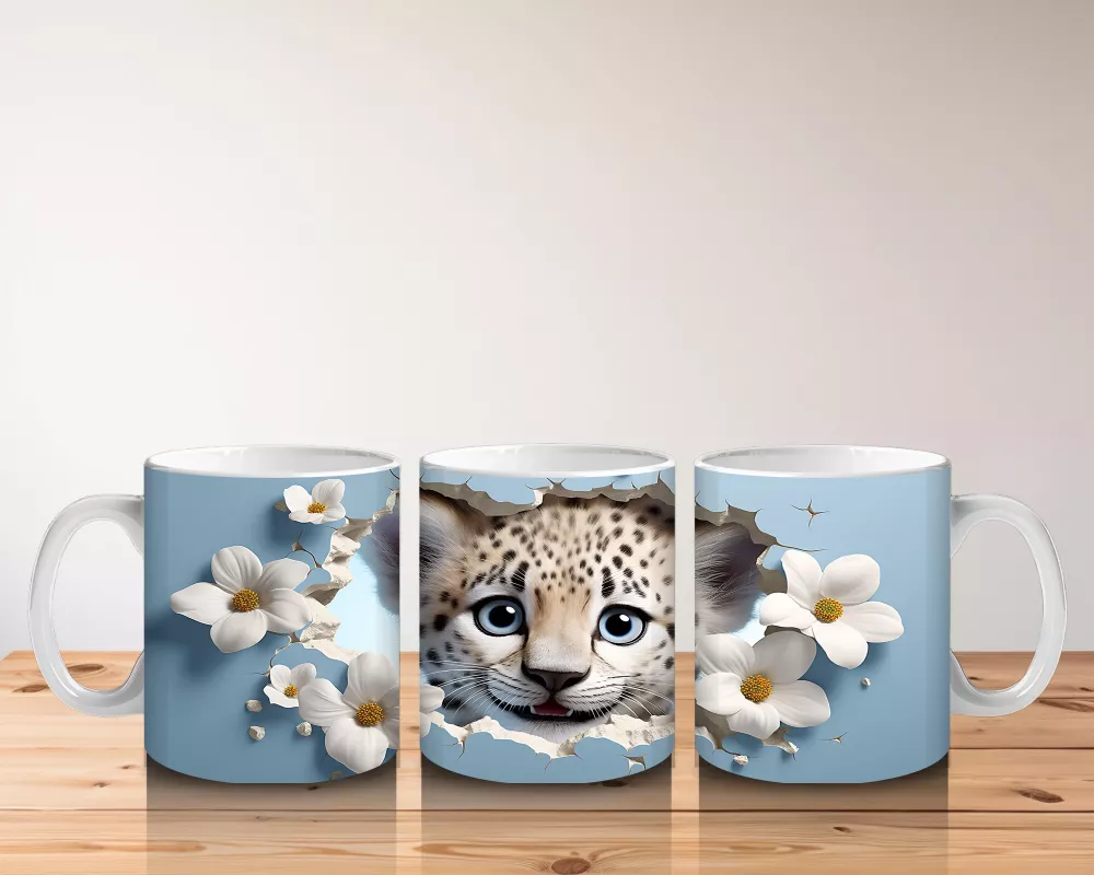 Çiçekli Fon Üzerinde Leopar Yavrusu – Baskılı Kahve Kupası - 5