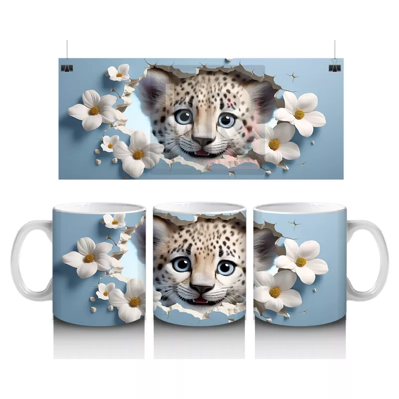Çiçekli Fon Üzerinde Leopar Yavrusu – Baskılı Kahve Kupası