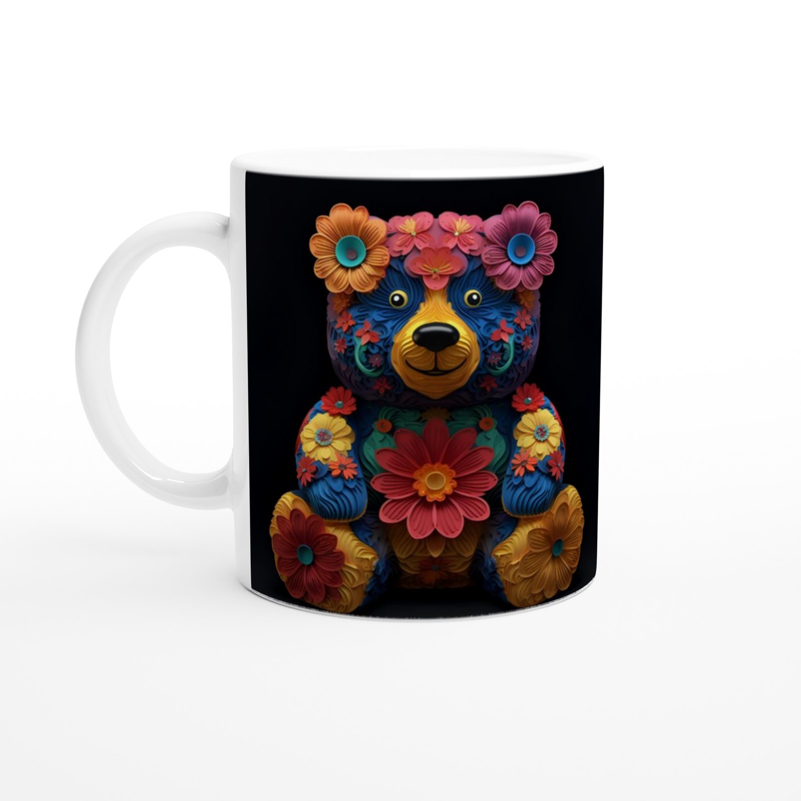 Çiçekli Sevimli Ayıcık Temalı Renkli Sanatsal Kupa Bardak