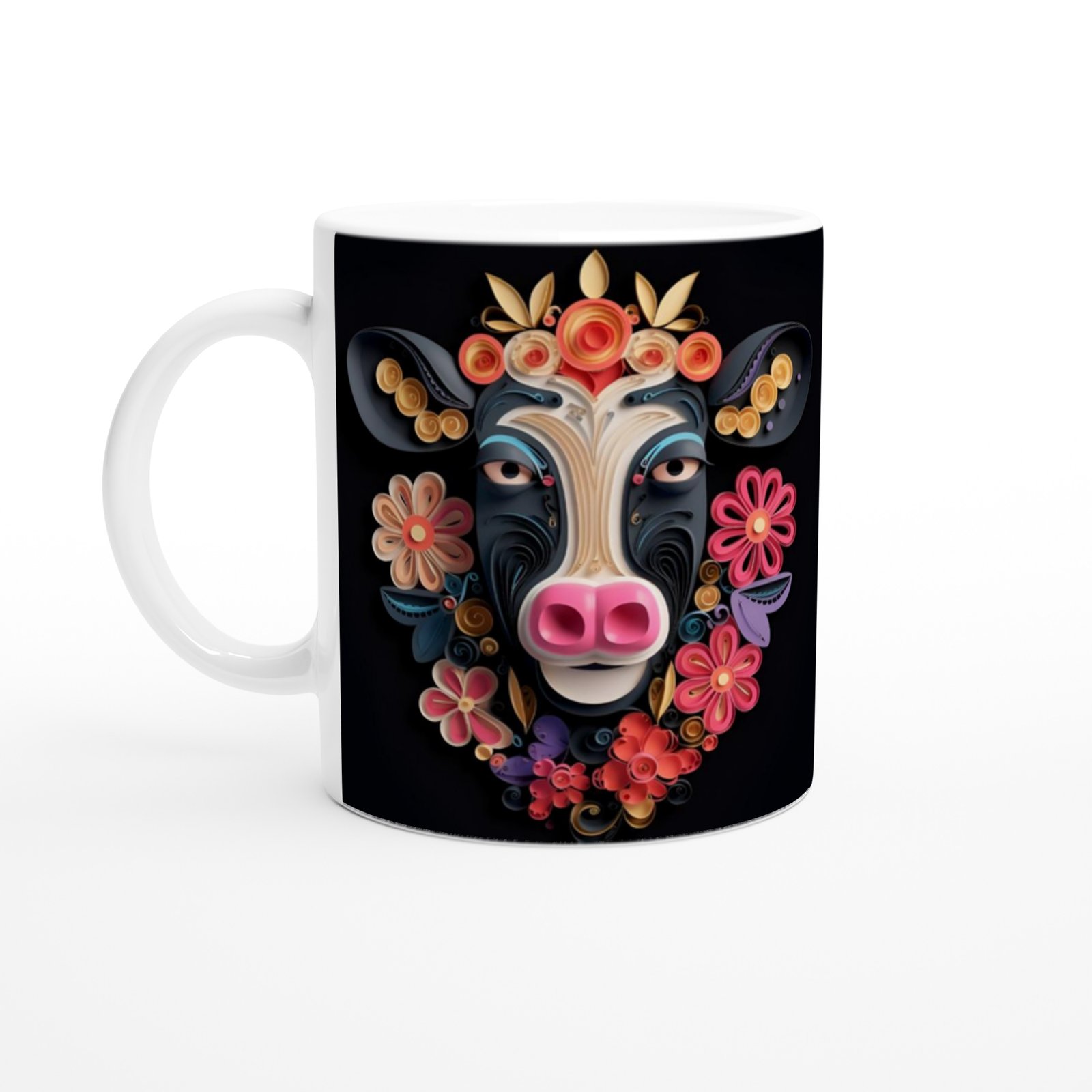 Çiçekli Sevimli İnek Tasarımlı Sanatsal Kupa Bardak